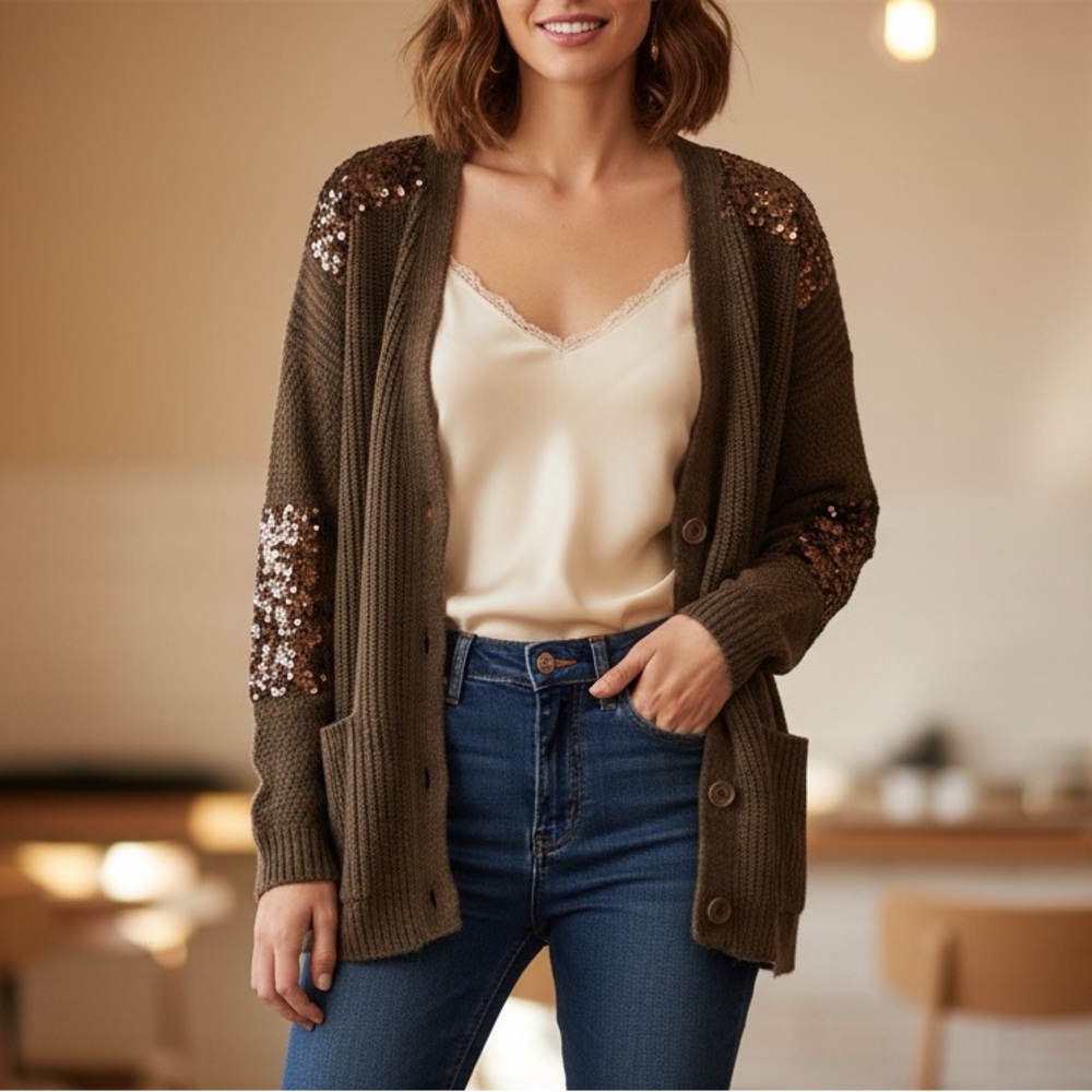 Sequin Embellished Essentiel Antwerp Brown Cardigan size M